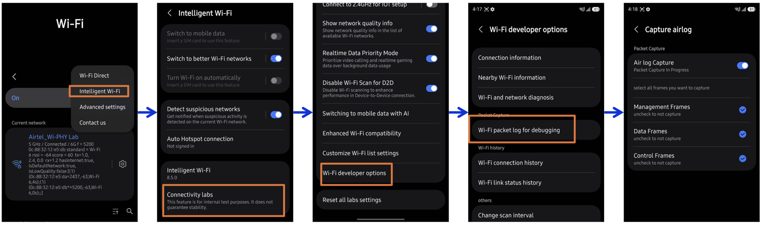 Samsung Wi-Fi Developer Options showing the Air Log Capture toggle enabled